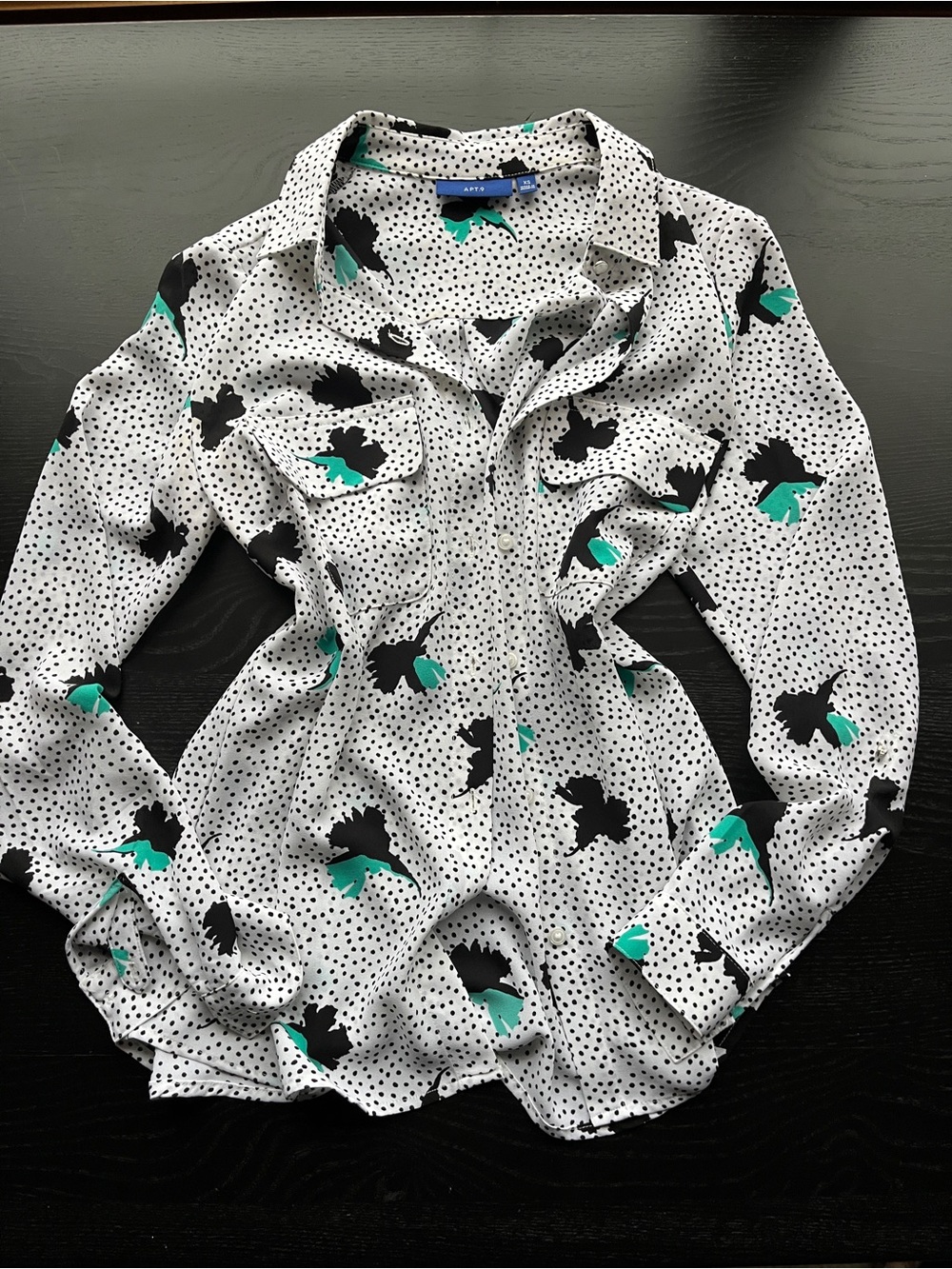 Chic Apt. 9 Size XS White & Teal Polka Dot Floral Accents Blouse